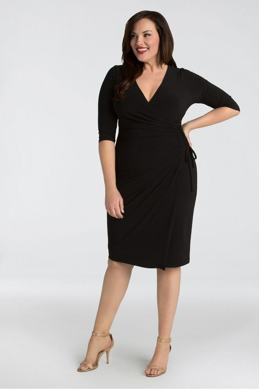 Kiyonna Vixen Dress Black Faux Wrap LBD 1X Side Laced Slimming Romantic Feminine
